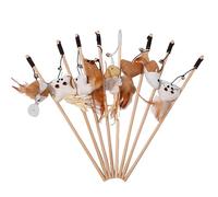 Hao Wu Xuan Petlicious Ensemble de 7 baguettes interactives pour chat avec manche en bois naturel, 40 cm de long avec jouets pour souris, plumes et clochettes Multicolore