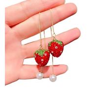Hao Wu Xuan Strass Fraise Boucles d’Oreilles pour Les Femmes Corée Mignon Doux Belle Fille Coeur Longue Goutte Boucle D’Oreille Bijoux De Luxe Léger Aros Mujer