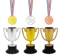 HAOBIN 6 pièces Trophées Médailles Ensemble 3 pièces Vainqueur Médailles 3 pièces Trophée en Plastique Mini Trophées Dorés Convient pour Les fêtes d'anniversaire,Les fêtes Sportives à l'école