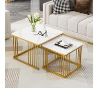 HaoChrymec 2 Table Basse Carrées en MDF, Finition Haut Brillant Marmorée, Tapis De Salon Empilables avec Pieds Dorés, Tables Polyvalentes, 60 x 60 x 45 cm et 45 x 45 x 40 cm, Blanc