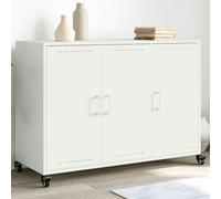 HaoChrymec Buffet Blanc en Acier laminé à Froid, Meuble de Rangement avec 3 Portes, Commode Cuisine, Buffet Salle à Manger, bahut Salon avec roulettes, 100,5 x 39 x 72 cm