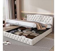 HaoChrymec Cadre de Lit 180 x 200 cm en PU avec Sommier et Tête de Lit Réglable, Lit de Rangement, Structure en Bois, Facile à Monter, Blanc