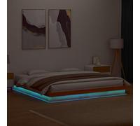 HaoChrymec Cadre de Lit 200x200 cm, Lit Adulte en Pin Massif avec Éclairage LED RGB, Structure Renforcée, Latte en Contreplaqué, pour Chambre à Coucher, Marron Ciré, 204 x 203.5 x 21 cm