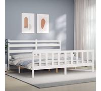 HaoChrymec Cadre de Lit Adulte, en Pin Massif Blanc avec Tête de Lit, Lit Deux Place 200x200 cm, Structure Renforcée avec Latte, pour Chambre à Coucher, Blanc, 206 x 205.5 x 100 cm