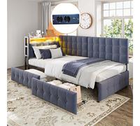HaoChrymec Canapé-Lit 90 x 200 cm avec Tête de Lit Capitonnée, 2 Tiroirs et Lampe de Chevet LED, Prise USB et Type-C, Lit Multifonction pour Enfant, Gris