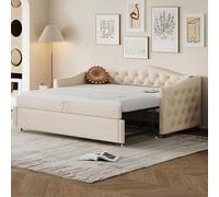 HaoChrymec Canapé-Lit Dépliant 90 x 200 cm avec Tissu en Lin, Port USB, Design Classique avec Boutons et Sommier à Lattes, Lit Multifonction pour Invité, Beige (Matelas Non Inclus)