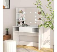 HaoChrymec Coiffeuse avec Miroir LED en MDF, Grand Espace De Rangement, Coiffeuse avec Miroir LED Table De Maquillage Coiffeuse Meuble, pour Chambre/Fille/Adulte, Blanc Brillant, 100x40x135cm