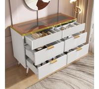 HaoChrymec Commode Sideboard en Verre Ambre, 6 Tiroirs, Compartimentage, Meuble Haut Sécurisé, Rangement pour Chambre et Salon, 120x40x76 cm, Blanc