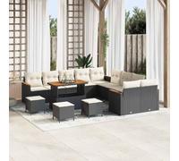HaoChrymec Ensemble canapé de Jardin modulable, Noir et crème, 12 Places | Poly-rotin et bois d’acacia, acier thermolaqué, rangement intégré, 3 poufs et 1 table