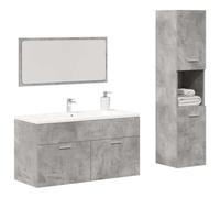 HaoChrymec Ensemble De Meubles Salle De Bain 3 Pièces en Bois D’ingénierie Finition Béton Gris, Grand Rangement Salle De Bain & Armoire Salle de Bains Murale, avec Miroir, Gris Béton, 90x38.5x46cm