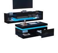 HaoChrymec Ensemble Meuble TV avec Table Basse, Bois, Finition Haut de Gamme, LED, pour Téléviseur jusqu'à 80 Pouces, Couleur Noire, 181 x 38 x 38 cm + 100 x 50 x 40.3 cm