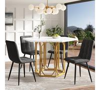 HaoChrymec Ensemble Table À Manger 5 Pièces, Table Hexagonale Extensible 110 (160) x 80 cm, avec 4 Chaises Gris, Banc en Lin, Plateau MDF Imité Marbre, pour Salle À Manger, Bureau, Salon