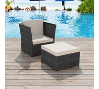 HaoChrymec Fauteuil de Jardin avec Repose-Pieds, Ensemble 2 Pièces en Rotin Synthétique Noir, Structure Acier Résistante, Coussins Crème Confortables, Design Lounge, Jardin, Balcon, 77 x 67 x 73 cm