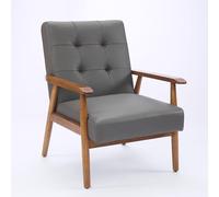 HaoChrymec Fauteuil Lounge en Cuir Véritable, Accoudoirs Noyer Et Pieds en Bois De Caoutchouc, Confort Optimal pour Salon Ou Bureau, Gris, 64 x 80 x 83 cm