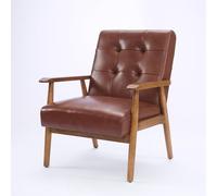 HaoChrymec Fauteuil Lounge en Cuir Véritable, Accoudoirs Noyer Et Pieds en Bois De Caoutchouc, Design Confortable pour Salon Ou Bureau, Marron, 64 x 80 x 83 cm