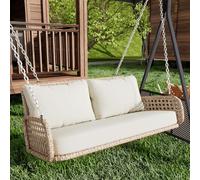 HaoChrymec Hamac De Jardin, 2 Places, Rattan PE, avec Coussins Amovibles Et Lavables, Charge Maximale 320 Kg, 2 Chaînes De 240 cm, Suspension Extérieure, Beige