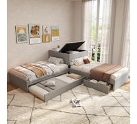 HaoChrymec Lit d'angle avec Deux Lits Individuels et Lit Coulissant, Lit Multifonction avec Rangement, Armoire et Tiroirs de Rangement, Design Gain de Place, 90x200 cm, Lin, Gris