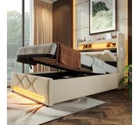 HaoChrymec Lit de Rangement 90 x 200 cm en Lin, Tête de Lit avec Ports USB et Type-C, Éclairage LED 360° Autour du Tête et Pied, Lit à Rangement Hydraulique, Gris (sans Matelas)