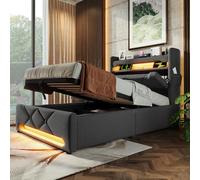 HaoChrymec Lit de Rangement 90 x 200 cm en Lin, Tête de Lit avec USB et Port Type-C, Éclairage LED 360° Autour du Tête et Pied, Lit à Rangement Hydraulique, Gris (sans Matelas)