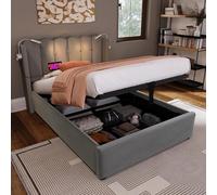 HaoChrymec Lit de Rangement 90 x 200 cm en Velours Gris avec Tête de Lit, Lampe de Lecture, Fonction de Charge USB, Sommier, Lit Jeune avec Espace de Rangement (sans Matelas)