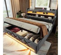 HaoChrymec Lit Double 180 x 200 cm en Lin avec Tête de Lit de Rangement, Ports USB et Type C, Éclairage LED 360° Autour du Lit, Lit de Rangement Hydraulique, Gris, sans Matelas