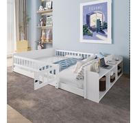 HaoChrymec Lit en Bois 140 x 200 cm pour Enfant, Cadre en Pin Naturel, Rangement Ouvert, Étagères Intégrées, Coffre à Ouvrir, sans Matelas, Blanc