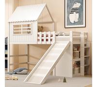 HaoChrymec Lit Enfant 90 x 200 cm avec Design Toit, Échelle de Sécurité et Roulade, Lit Haut Multifonction en Bois Massif, Rangement à Plusieurs Niveaux, Blanc