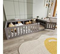 HaoChrymec Lit Enfant 90 x 200 cm en Bois Massif avec Espace de Rangement, Barrière de Sécurité et Porte, Protection Totale, Lit Simple, Gris, avec Sommier