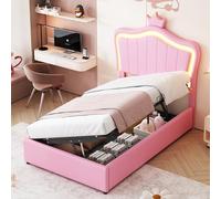 HaoChrymec Lit Enfant 90 x 200 cm en Cuir Synthétique avec Design de Couronne, LED Intégrée, Lit de Rangement Hydraulique, Tête de Lit Réglable, Lit Individuel Multifonction, Rose