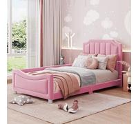HaoChrymec Lit Enfant 90 x 200 cm en Velours, Lit Multifonction avec Tiroir Extensible, Rangement et Éclairage LED Changeant de Couleur, Lit de Nuit, Lit Parents-Enfants, Rose