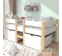 HaoChrymec Lit Enfant 90x190 cm en Bois Massif avec Tiroir et Barrière de Sécurité, Lit Mi-Hauteur, Blanc et Chêne, Idéal pour Chambre d'enfant et Adolescents