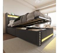 HaoChrymec Lit Enfant 90x200 cm en Velours avec Éclairage LED et Prise USB, Tête de Lit avec Étagères et Espace de Rangement, Lit à Hauteur Variable, Lit Simple, Tissu Lin Gris