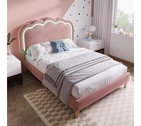 HaoChrymec Lit LED pour Enfant 90 x 200 cm en Velours Rose, Cadre de Lit avec Sommier et Tête de Lit Réglable, Lit pour Chambre ou Chambre d'Invité