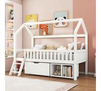 HaoChrymec Lit Maison en Bois Massif 90 x 200 cm pour Enfant, Lit de Jeune avec Échelle et Rangement, Design avec Garde-Corps Anti-Chute, Blanc