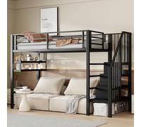 HaoChrymec Lit Mezzanine, 90 x 200 cm, Cadre Métallique avec Étagères, Échelle de Rangement, Espace Libre sous Le Lit pour Jeux, Rail de Sécurité, Noir, sans Matelas