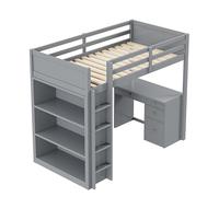 HaoChrymec Lit Mezzanine 90x200 cm avec Rangement et Bureau, Lit Multifonction en Bois pour Enfants, Tissu Gris, avec Espace de Stockage
