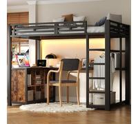 HaoChrymec Lit Mezzanine en métal avec Bureau, LED et USB, Noir, 140x200 cm