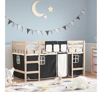 HaoChrymec Lit Mezzanine Enfant avec Rideaux, en Pin Massif, Lit Superposé avec Espace Rangement, Cadre de Lit Sécurisé, pour Chambre Enfant, Blanc et Noir, 205.5 x 85.5 x 113.5 cm