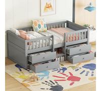 HaoChrymec Lit Mi-Haut 90 x 200 cm en Pin avec 4 Tiroirs, Rampe de Sécurité et Échelle, Design Minimaliste, Gris, sans Matelas