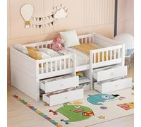 HaoChrymec Lit Mi-Haut 90 x 200 cm en Pin avec 4 Tiroirs, Rampe de Sécurité et Échelle, Design Minimaliste, Blanc, sans Matelas