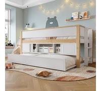 HaoChrymec Lit Mi-Haut 90x200 cm avec Lit Extensible, Bureau, Plusieurs Compartiments de Rangement, Étendoir, sans Matelas, Blanc + Naturel