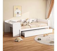 HaoChrymec Lit Plat 90 x 200 cm, Lit avec Lits Roulant Extensible, Bureau Intégré, Trois Étagères Latérales, Matériau Pin et MDF, Idéal pour Chambre d'enfant, Couleur Blanche