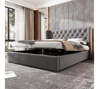 HaoChrymec Lit Polster 140 x 200 cm en Velours Gris, Lit Double avec Tête de Lit Haute, Rangement Hydraulique, Design Chesterfield, Grande Couture à Boutons, Idéal pour Chambre, sans Matelas