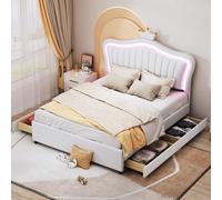 HaoChrymec Lit pour Enfant 140 x 200 cm en PU Cuir Blanc avec Tête de Lit Couronnée, Lit avec Rangement, Éclairage LED, Sommier et Dossier