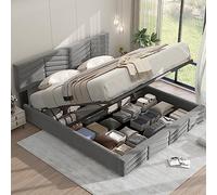 HaoChrymec Lit Rembourré 160 x 200 cm avec Sommier, Tête de Lit Réglable en Hauteur, Design à Rayures, Velours, Lit Fonctionnel Hydraulique, Gris