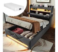 HaoChrymec Lit Simple 90 x 200 cm en Lin avec Tête de Lit avec Rangement, Ports USB et Type C, Éclairage LED 360° Autour du Lit, Lit de Rangement Hydraulique, Gris, avec Matelas