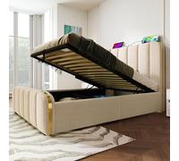 HaoChrymec Lit Simple 90200 cm avec Tête de Lit Rembourrée, Tissu Lin Beige, Fonction de Charge USB Type C, Éclairage LED, Lit de Rangement Hydraulique, Capacité de Charge 100 kg, Matelas Inclus