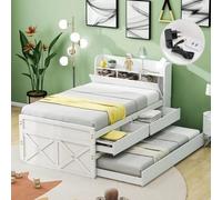 HaoChrymec Lit Simple 90x190 cm en Bois Massif avec Tiroir Extensible, Sommier, Table de Nuit avec Compartiment de Rangement et Port USB, Lit de Jeune, Lit d'Invité, Blanc