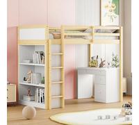HaoChrymec Lit Superposé 90 x 200 cm avec Rangements et Bureau pour Ordinateur, Lit Multifonction en Bois pour Enfant, Couleur Bois Naturel