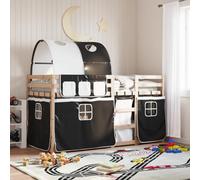 HaoChrymec Lit Superposé avec Rideaux, Bois de Pin Massif, Design Sécurisé avec Barrières, Lit Mezzanine pour Enfants, Espace de Jeu et Détente, Blanc et Noir, 75x190 cm